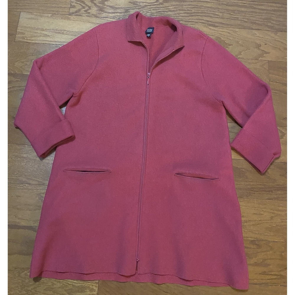 Eileen Fisher Women XL Red Rosemary Wool Coat Collared Pockets Excellent